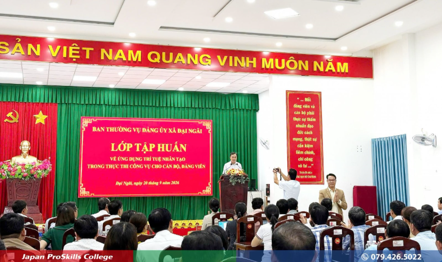 May be an image of ‎dais and ‎text that says '‎SẢN VIỆT NAM QUANG VINH MUÔN NĂM BAN THƯỜNG VỤ ĐĂNG UY 4 KÃ ĐẠI NGÃI Mii đắng iênv ម្ bộph phal thực thâm กวมส cách จ hật รพู سينس โ chin, chính, LỚP TẬP LỚPTẬPHUÁN HUẤN VỀ ỨNGI DỤNG i TRÍ TUỆ NHÂN TAO TRONG t T CÔNG VỤ CHO DÃNG VIÊN Đpi Ngài, ηράν สาัด T6T 2026 ดี... 味 መት Japan ProSkills College 079.426.5022‎'‎‎